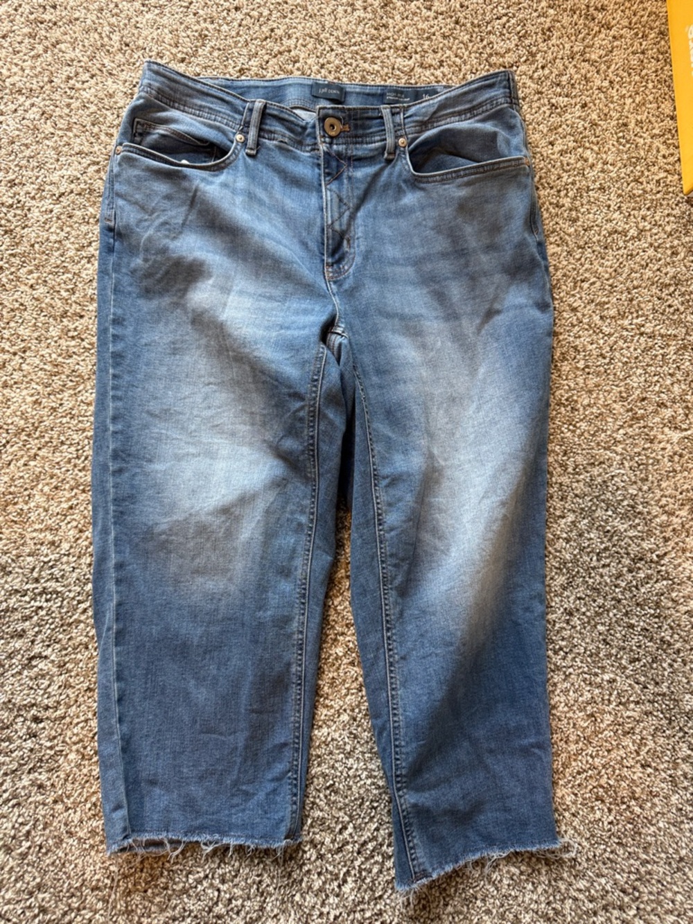 J. Jill Denim Cropped High-Rise Raw Hem Straight-Leg Jeans in Medium Blue.